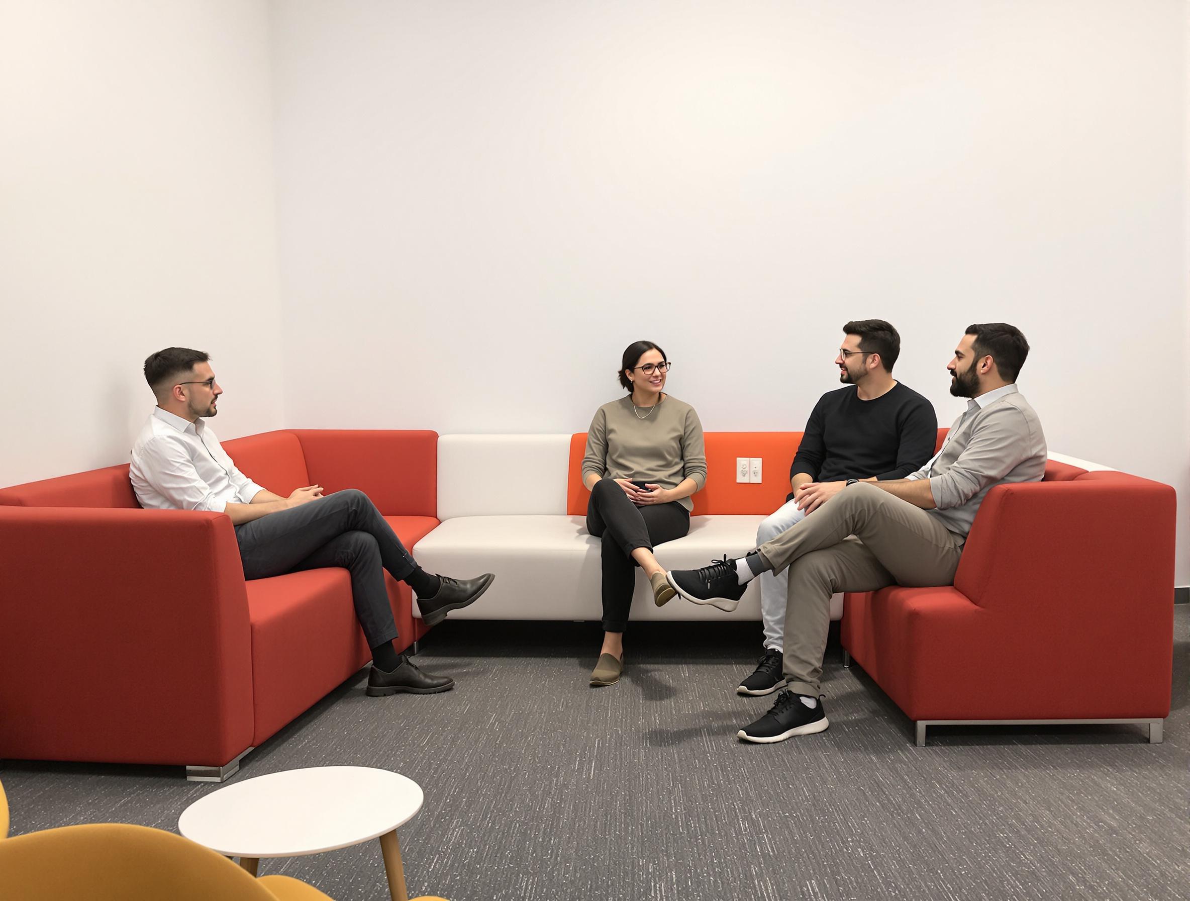 Team members in a meeting room with orange furniture